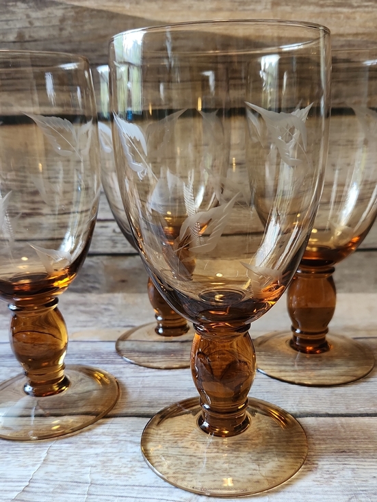 Other - Set of 4 Amber Brown Vintage Drinking Goblets With Leaf Etchings